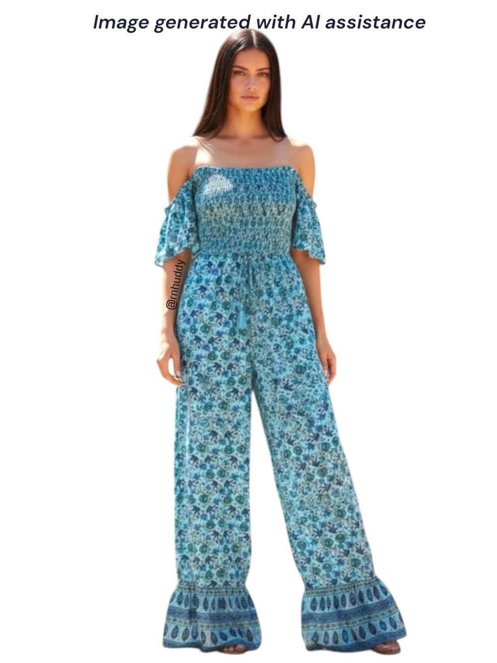 BOG Collective L blue floral smocked off shoulder flare leg boho jumpsuit
